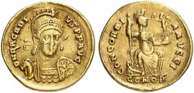 ROMAN EMPIRE. Arcadius, 383-408. Solidus 397/402, Constantinople. Officina I. D N ARCADI - VS P F AVG Helmeted, cuirassed bust 3/4 facing, spear over ...