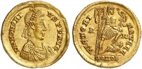 ROMAN EMPIRE. Honorius, 393-423. Solidus c. 404-416, Rome. D N HONORI-VS P F AVG Pearl-diademed, draped and cuirassed bust of Honorius to right. Rv. V...