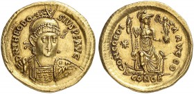 ROMAN EMPIRE. Theodosius II, 402-450. Solidus 402, Constantinople. D N THEODO-SIVS P F AVG Pearl-diademed, helmeted and cuirassed bust of Theodosius I...