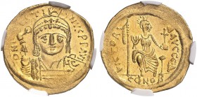 BYZANTINE EMPIRE. Justinus II, 565-578. Solidus Constantinople. Officina Δ. D N IVSTINVS P P AVI Helmeted and cuirassed bust of Justin II facing, hold...