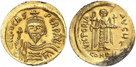 BYZANTINE EMPIRE. Phocas 602-610. Solidus 604-607, Constantinople. d N FOCAS PЄRP AVI Crowned, draped and cuirassed bust of Phocas facing, holding glo...