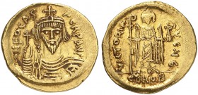 BYZANTINE EMPIRE. Phocas 602-610. Solidus 604-610, Constantinople. D N FOCAS PЄRP AVI Crowned, draped and cuirassed bust of Phocas facing, holding glo...