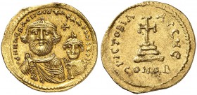 BYZANTINE EMPIRE. Heraclius, 610-641, with Heraclius Constantinus. Solidus c. 616-625, Constantinople. dd NN hЄRACLIЧS ЄT hЄRA CONST PP AV Crowned, dr...