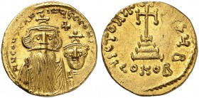 BYZANTINE EMPIRE. Constans II, 641-668, with Constantinus IV. Solidus c. 654-659, Constantinople. d N CONSTANTINЧS C CO[NSTATI] Crowned and draped bus...