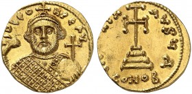 BYZANTINE EMPIRE. Leontius, 695-698. Solidus 695/698, Constantinople. Officina A. D LЄO - N PЄ AV Crowned bust in loros facing, in right hand akakia, ...