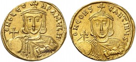 BYZANTINE EMPIRE. Leo III the "Isaurian", 717-741, with Constantinus V. Solidus 725-732, Constantinople. Officina H. d NO LЄO - N P A MЧL H Crowned bu...