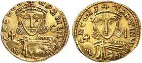 BYZANTINE EMPIRE. Leo III the "Isaurian", 717-741, with Constantinus V. Solidus c. 735-741, Syracuse. CNO LЄON P A MЧL' Crowned bust of Leo III facing...