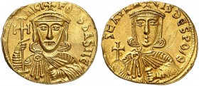 BYZANTINE EMPIRE. Nicephorus, 802-811, and Stauracius. Solidus 803/811, Constantinople. hICI FoRSbASILЄ Crowned, facing bust of Nice­phorus, holding c...