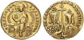 BYZANTINE EMPIRE. Constantinus VII, 913-959, with Romanus II, 945-959. Solidus 945, Constantinople. Nimbate facing figure of Christ seated on high bac...