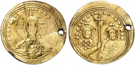 BYZANTINE EMPIRE. Basil II, 976-1025, with Constantinus VIII. Histamenon 977, Constantinople. +IhS XIS RЄX RЄGNANTIhm Bust of Christ Pantokrator facin...