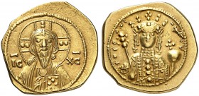 BYZANTINE EMPIRE. Theodora, 1055-1056. Tetarteron 1055/1056, Constantinople. Facing bust of Christ with cross nimbus, pallium and colobium, his right ...
