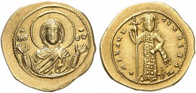 BYZANTINE EMPIRE. Michael VI Stratioticus, 1056-1057. Tetarteron 1056/1057, Constantinople. No legend. Facing bust of the Virgin, nimbate, raising bot...
