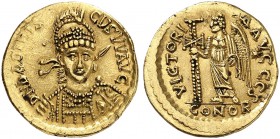 OSTROGOTHIC KINGDOM. Odovacar, 476-493. Solidus, uncertain Italian mint. In the name of Basiliscus. Obv. D N bASILIS-CVS VV AVC Pearl-diademed, helmet...