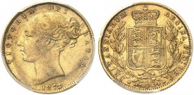 AUSTRALIEN. Victoria, 1837-1901. Sovereign 1872 M, Melbourne. Young head. 2 over 1 in date. Seaby 3854. Fr. 12. PCGS AU53. (~€ 265/USD 305)