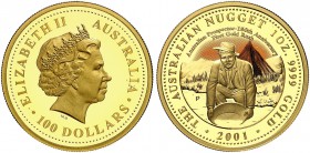 AUSTRALIEN. Elizabeth II. 1952-. 100 Dollars 2001. Auf die 150-Jahrfeier des ersten Goldrausches. Im Originaletui. 31.14 g. KM 906. Fr. B20. Polierte ...