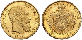 BELGIEN. Königreich. Leopold II. 1865-1909. 20 Francs 1875, Brüssel. 6.45 g. Schl. 23. Fr. 412. FDC / Uncirculated. (~€ 210/USD 240)