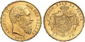 BELGIEN. Königreich. Leopold II. 1865-1909. 20 Francs 1882, Brüssel. 6.44 g. Schl. 27. Fr. 412. Fast FDC / About uncirculated. (~€ 210/USD 240)