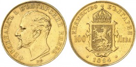 BULGARIEN. Ferdinand I. 1887-1918. 100 Lewa 1894 KB, Kremnitz. 32.19 g. Schl. 1. Fr. 2. Henkelspur / Mount mark. Sehr schön / Very fine. (~€ 1930/USD ...