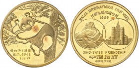 CHINA. Volksrepublik. 1 Unze 1988. Bei dem vorliegenden Exemplar handelt es sich um eine Fehlprägung anlässlich der Basel International Coin Week von ...