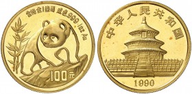 CHINA. Volksrepublik. 100 Yuan 1990. Panda. Large date. 31.11 g. KM 272. Fr. B4. Polierte Platte. FDC / Choice Proof. (~€ 1055/USD 1210)