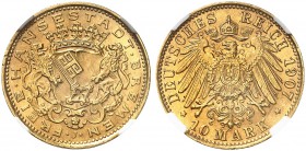 DEUTSCHLAND. Deutsches Kaiserreich. Bremen, Hansestadt. 10 Mark 1907 J, Hamburg. J. 204. Fr. 3774. Selten / Rare. NGC MS66. (~€ 2630/USD 3030)