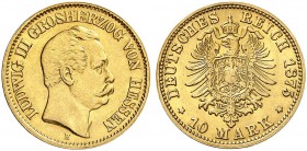 DEUTSCHLAND. Deutsches Kaiserreich. Hessen, Grossherzogtum. Ludwig III. 1848-1877. 10 Mark 1875 H, Darmstadt. 3.92 g. J. 216. Fr. 3786. Berieben / Sli...