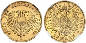 DEUTSCHLAND. Deutsches Kaiserreich. Lübeck, Hansestadt. 10 Mark 1901 A, Berlin. J. 227. Fr. 3798. Selten / Rare. NGC MS62. (~€ 2195/USD 2525)