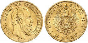 DEUTSCHLAND. Deutsches Kaiserreich. Württemberg, Königreich. Karl, 1864-1891. 10 Mark 1877 F, Stuttgart. 3.94 g. J. 292. Fr. 3873. Kleiner Randfehler ...