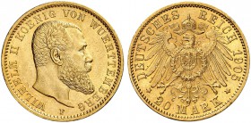 DEUTSCHLAND. Deutsches Kaiserreich. Württemberg, Königreich. Wilhelm II. 1891-1918. 20 Mark 1905 F, Stuttgart. 7.93 g. J. 296. Fr. 3876. Gutes vorzügl...