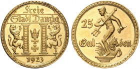 DEUTSCHLAND. Danzig, Stadt. 25 Gulden 1923. 7.93 g. J. D10. Fr. 43. Selten / Rare. Fast FDC / About uncirculated. (~€ 4385/USD 5050)