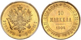 FINNLAND. Nikolaus II. 1894-1917. 10 Markkaa 1904 L, Helsinki. Schl. 15. Fr. 6. Selten / Rare. PCGS MS63. (~€ 1405/USD 1615)