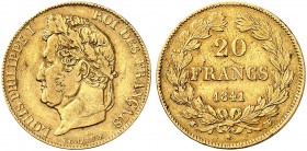 FRANKREICH. Königreich und Republik. Louis Philippe, 1830-1848. 20 Francs 1841 W, Lille. 6.39 g. Gadoury 1031. Fr. 562. Selten. Nur 8'524 Exemplare ge...