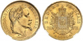 FRANKREICH. Königreich und Republik. II. Kaiserreich. Napoleon III. 1852-1870. 20 Francs 1865 A, Paris. Gadoury 1062. Fr. 584. NGC MS62. (~€ 245/USD 2...