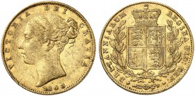 GROSSBRITANNIEN. Königreich. Victoria, 1837-1901. Sovereign 1843 (über 1842), London. Young head. 3 over 2 in date. 7.93 g. Seaby 3852. Fr. 387 e. Kra...