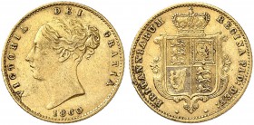 GROSSBRITANNIEN. Königreich. Victoria, 1837-1901. 1/2 Sovereign 1860, London. Larger young head. 3.95 g. Seaby 3859 A. Fr. 389 b. Winzige Kratzer / Sm...