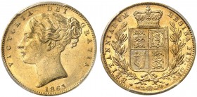 GROSSBRITANNIEN. Königreich. Victoria, 1837-1901. Sovereign 1863, London. Young head. No die number. Seaby 3852 D. Fr. 387 e. PCGS MS62. (~€ 350/USD 4...