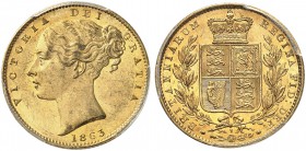 GROSSBRITANNIEN. Königreich. Victoria, 1837-1901. Sovereign 1863, London. Young head. Die number 7. 7.94 g. Seaby 3853. Fr. 387 i. PCGS MS62. (~€ 350/...