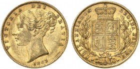 GROSSBRITANNIEN. Königreich. Victoria, 1837-1901. Sovereign 1863, London. Young head. Open 6 in date. 7.94 g. Seaby 3852 D. Fr. 387 e. Fast vorzüglich...