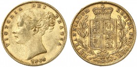 GROSSBRITANNIEN. Königreich. Victoria, 1837-1901. Sovereign 1866, London. Young head. Die number 26. 6 over 5 in date. 7.94 g. Seaby 3853. Fr. 387 i. ...