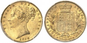 GROSSBRITANNIEN. Königreich. Victoria, 1837-1901. Sovereign 1869, London. Young head. Die number 53. Seaby 3853. Fr. 387 i. PCGS MS62. (~€ 305/USD 355...