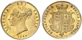 GROSSBRITANNIEN. Königreich. Victoria, 1837-1901. 1/2 Sovereign 1869, London. Larger young head. Die number 11. Seaby 3860. Fr. 389 f. PCGS MS62. (~€ ...