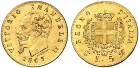 ITALIEN. Königreich. Vittorio Emanuele II. 1861-1878. 5 Lire 1865 T, Torino. 1.58 g. Pagani 480. Mont. 160 (R2). Schl. 54. Fr. 16. Sehr selten / Very ...