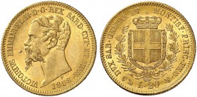 ITALIEN. Savoyen / Sardinien. Vittorio Emanuele II. 1849-1861. 20 Lire 1858, Genua. 6.45 g. Mont. 21. Pagani 352. Fr.1147. Winzige Kratzer / Tiny scra...