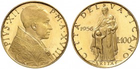 ITALIEN. Vatikan - Kirchenstaat. Pius XII. 1939-1958. 100 Lire 1956 / ANNO XVIII, Roma. 5.20 g. Schl. 194. Fr. 290. Fast FDC / About uncirculated. (~€...