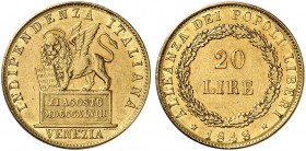 ITALIEN. Venedig. Governo Provvisorio, 1848-1849. 20 Lire 1848, Venezia. 6.43 g. Pagani 176. Schl. 438. Fr. 1518. Selten / Rare. Leichte Fassungsspure...
