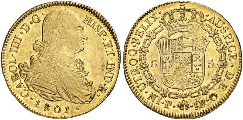 KOLUMBIEN. Carlos IV. 1788-1808. 8 Escudos 1801, JF-Popayan. 27.04 g. Cayon 1455...