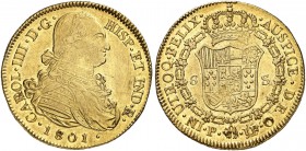KOLUMBIEN. Carlos IV. 1788-1808. 8 Escudos 1801, JF-Popayan. 27.04 g. Cayon 14557. Fr. 52. Vorzüglich / Extremely fine. (~€ 875/USD 1010)