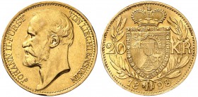 LIECHTENSTEIN. Johann II. 1858-1929. 20 Kronen 1898. 6.78 g. Divo 89. HMZ 2-1374b. Fr. 12. Fast FDC / About uncirculated. (~€ 2195/USD 2525)