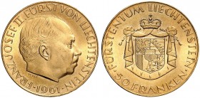 LIECHTENSTEIN. Franz Josef II. 1938-1989. 50 Franken 1961. 11.29 g. Divo 138. HMZ 2-1386c. Fr. 22. FDC / Uncirculated. (~€ 330/USD 380)