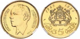 MAROKKO. Hassan II. 1962-1999. 5 Dirhams AH 1384 (1965). Probe in Gold mit geriffeltem Rand. KM Y.57 (Silber). Von grösster Seltenheit / Of the highes...